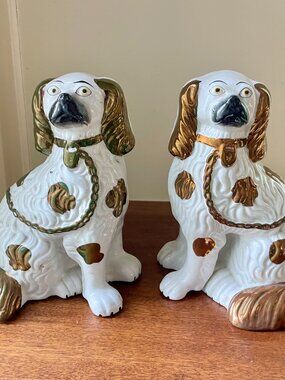 Antique Pair Staffordshire Copper Luster King Charles Spaniel Dogs 19th C 11"